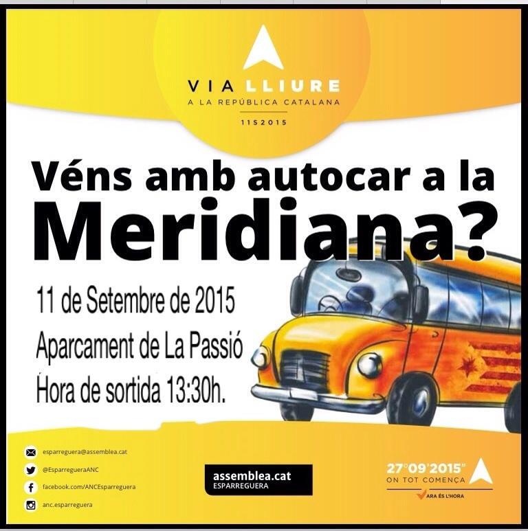 EsparregueraANC's tweet photo. Aquest #11S2015 marxem cap a la #Merdiana a les 13.30h
Aparcament de La Passió
Sigueu puntuals
#ViaLliure
@ANCBaix http://t.co/Tm4Lgs5gYg