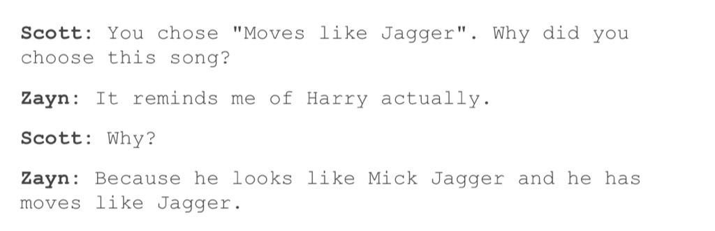 thezarrythings's tweet photo. Remember when Zayn requested 'Moves Like Jagger' at the end of his radio interview because it reminded him of Harry 😭 http://t.co/gB27uSvdxK