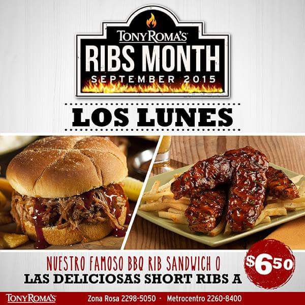 BBQ Rib Sandwich y Short Ribs a $ 6.50 todo el día #MesDeLasCostillas #tonyromas #Septiembre
