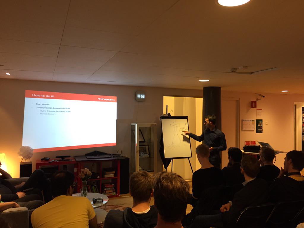 TobiasNyholm's tweet photo. Thanos at @onlinepizza is telling us how to architecture your application with micro services #phpse #sthlmtech http://t.co/RYOwQOV9YG