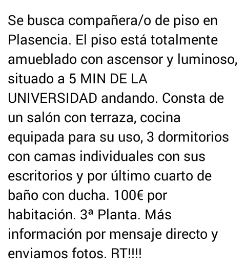 sofialb612's tweet photo. Somos una chica y un chico estudiantes de enfermería, buscamos compañera/o de piso en Plasencia. RT!!! @jorgesf94 http://t.co/ZmHVtWjd8v