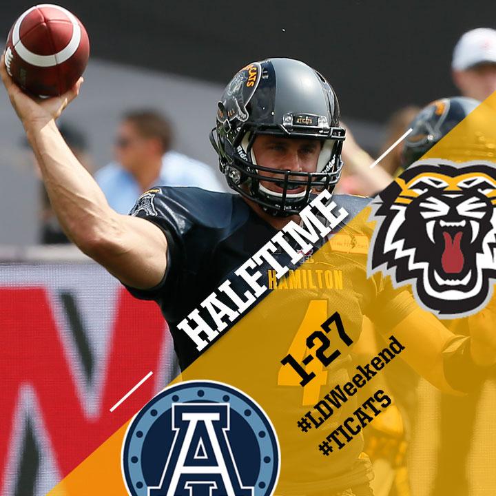 Ticats's tweet photo. HALFTIME: #Ticats 27, #Argos 1. 

Collaros: 17/23, 275 yards, 3 TD
Toliver: 5 receptions, 72 yards, 1 TD http://t.co/cpx0BeGU7h