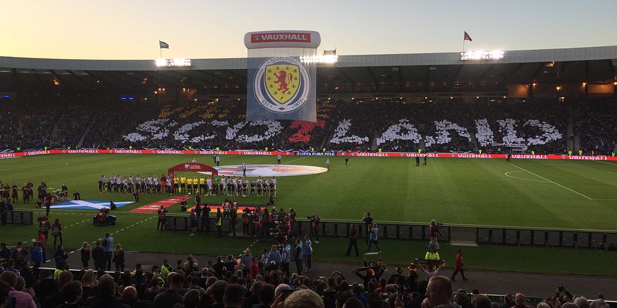 ScottishFA's tweet photo. 1' | We're under way at Hampden Park. Come on, Scotland! #SCOGER #WeAreScotland http://t.co/wPZf4sDw7y
