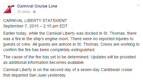 Here is the official statement issued by Carnival Cruise Line on the fire in the ship's engine room. http://t.co/Mag2Y7Fu9g