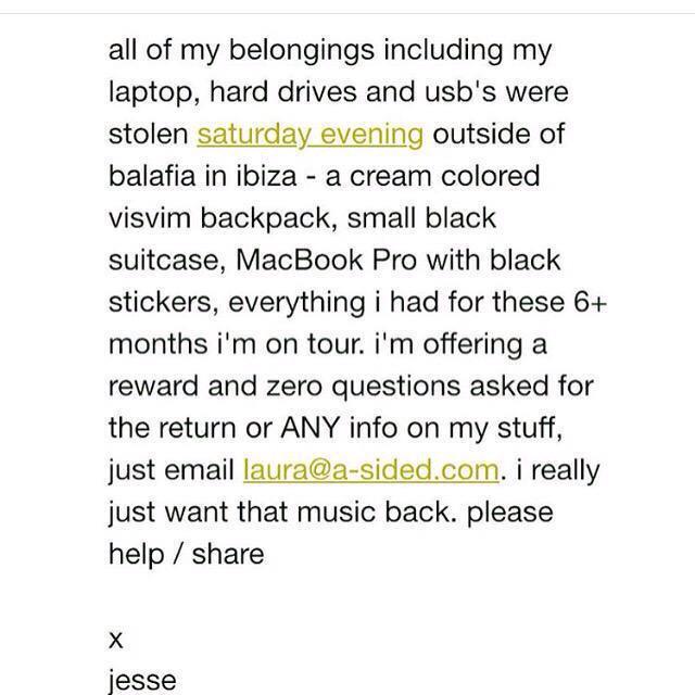 To all my friends &amp; followers in #Ibiza, <a href="/mrjesserose/">JESSE ROSE</a> and <a href="/juniorsanchez/">JuniorSanchez</a> were stolen! Check the message below and RT.