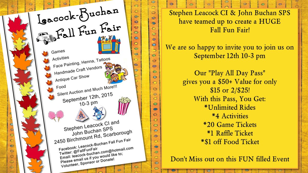 FallFunFair's tweet photo. @blogTO Please tweet our @FallFunFair this Saturday September 12th  Leacock CI Birchmount &amp; Sheppard 10-3 http://t.co/wi5f0P941s