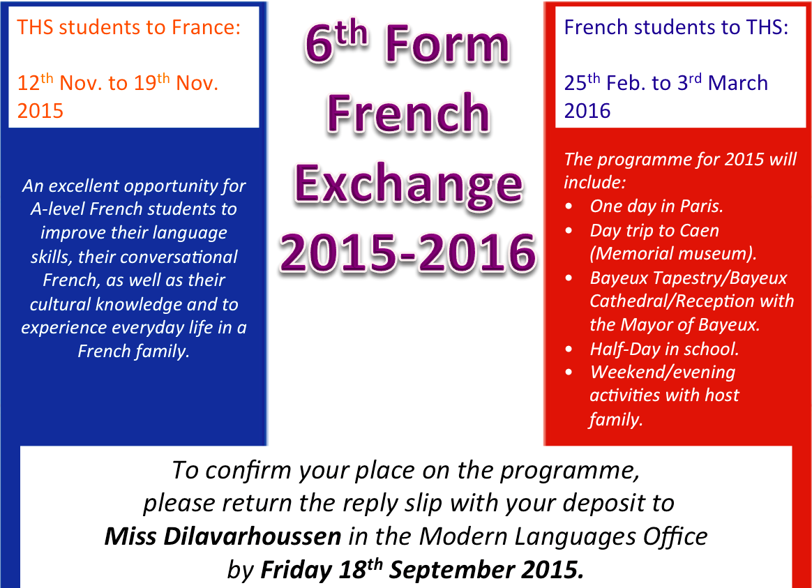 THS 6th Form French Exchange 2015 now open!