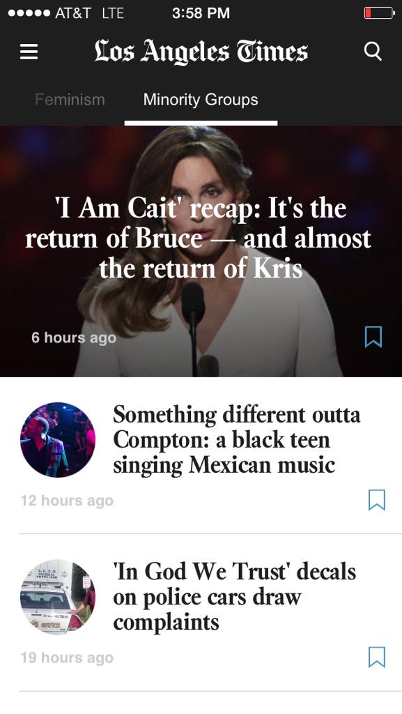 #Feminism & #MinorityGroups are news tabs on the @latimes app.Takes 21 swipes to get there, but still, exciting times