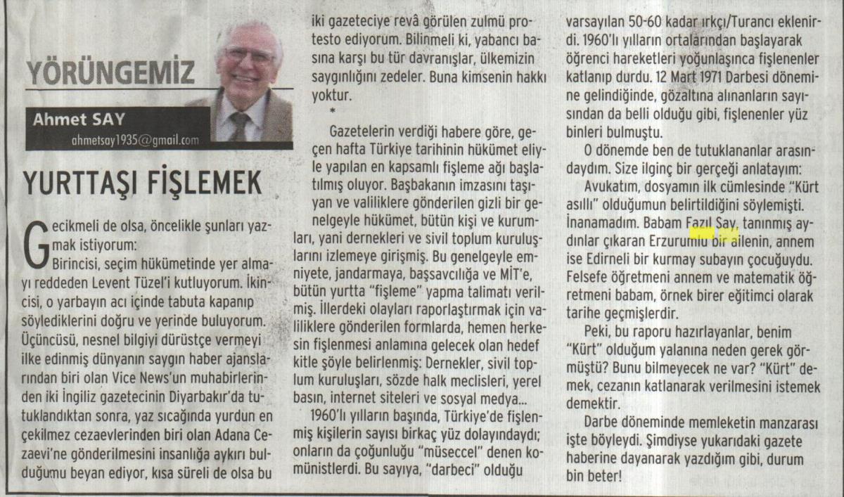 fsayofficial's tweet photo. Babamın bugünkü makalesi.
Binlerce insan fişleniyor.
Ahmet Say
Okunmalı... "Durum hiç bu kadar kötü olmamıştı" diyor http://t.co/Ec1a6DH29r