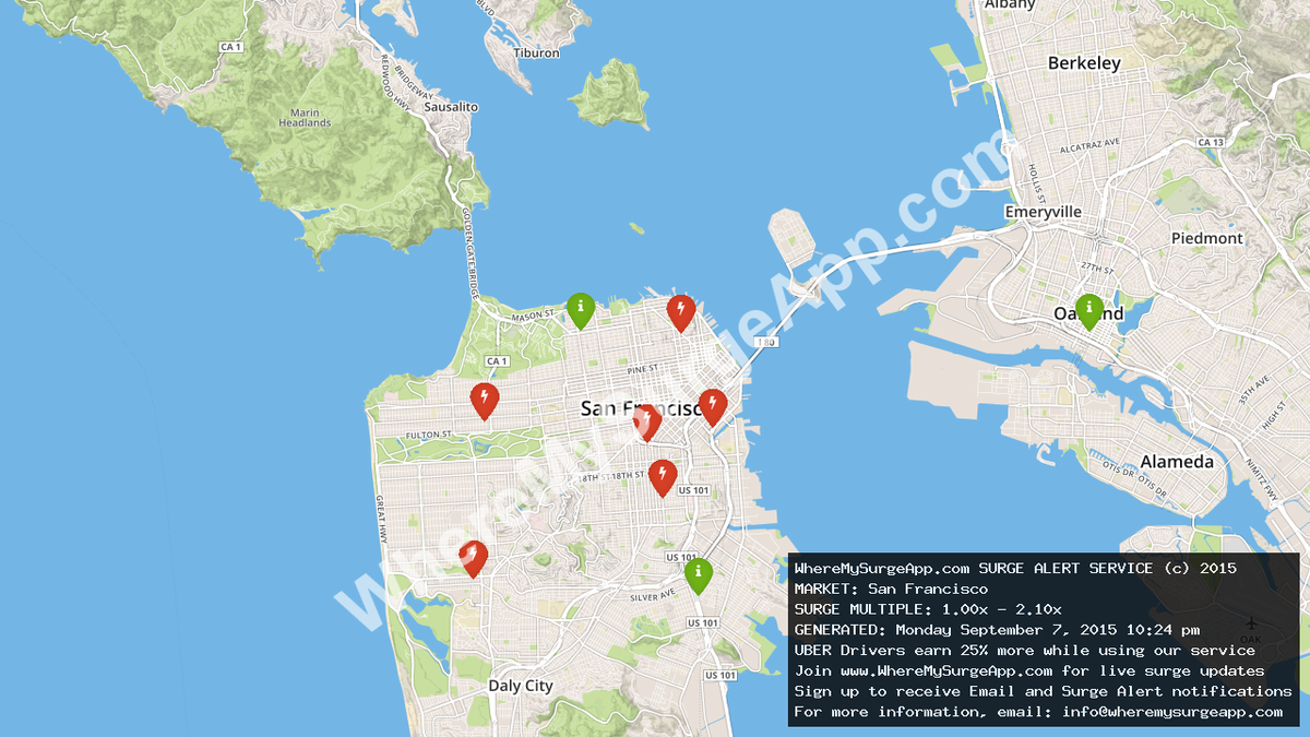 WhereMySurgeApp's tweet image. #UberDrivers in San Francisco - get that surge money! #ridesharing #Uber_SF #SanFrancisco