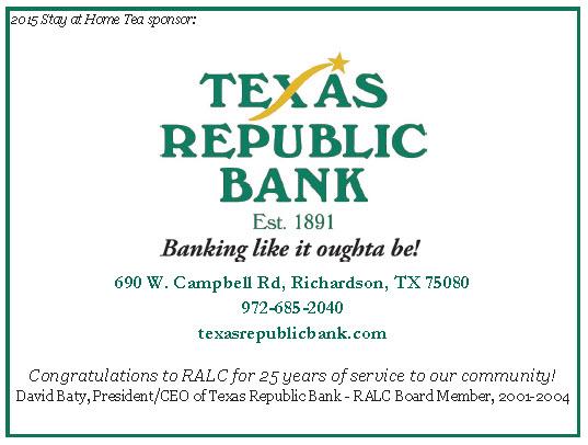 RALC_Literacy's tweet photo. Thanks to Texas Republic Bank for being our Stay at Home Tea sponsor! https://t.co/ooSrjeemBB http://t.co/n6IXnDbyjl