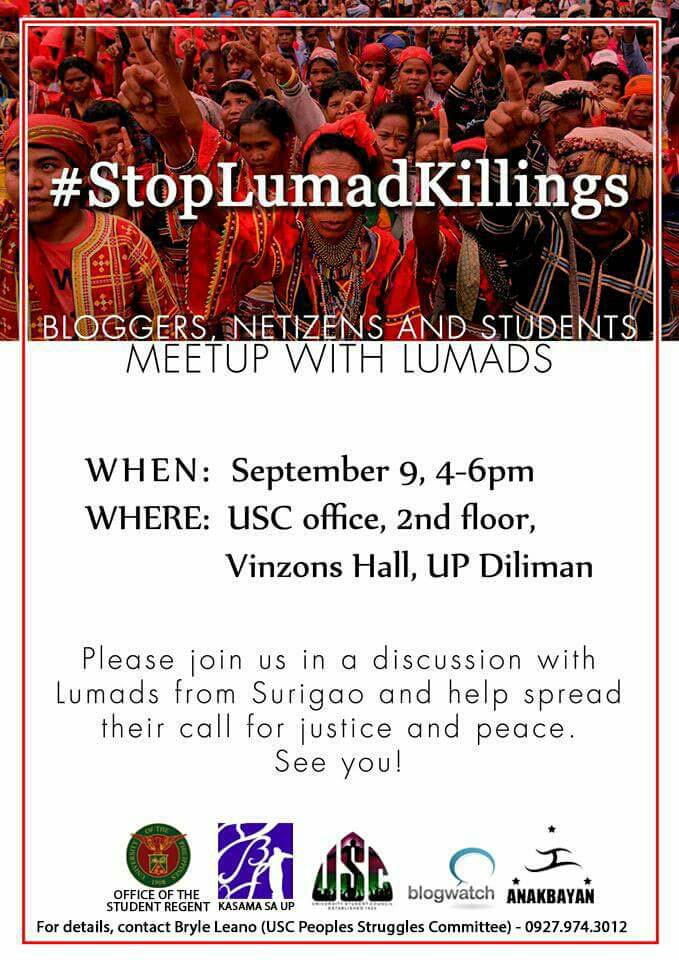 venzie's tweet photo. Want to know more about #StopKillingLumads? Tara meetup:

Sept 9, 4-6pm
USC office, Vinzons, UP Diliman

Pls RT http://t.co/F4vCTxCyGl