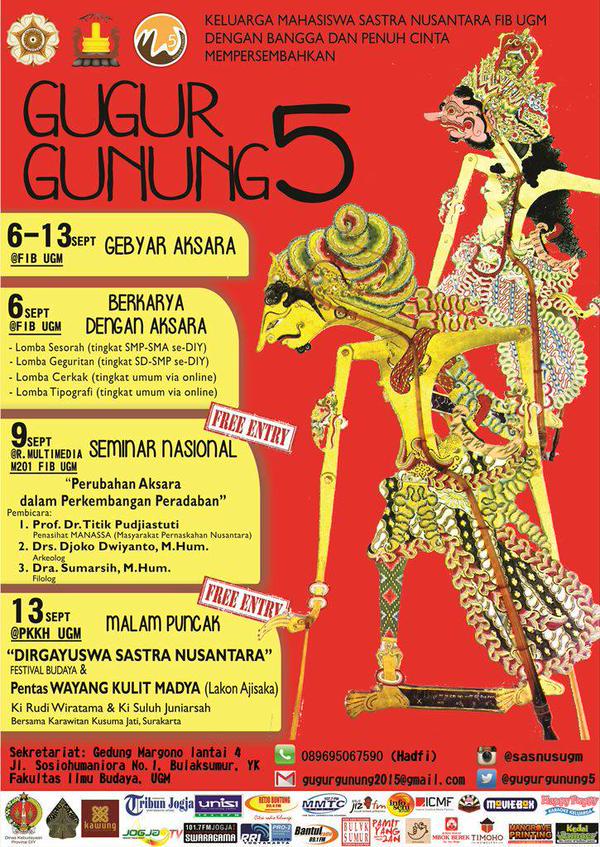 #event | <a href="/GugurGunung5/">#GugurGunung2016</a>; 

-9sep Seminar Nasional 
-13sep Malam Puncak (Fest bud+Wayang) 

Free, info: <a href="/SasNusUGM/">Sastra Nusantara UGM</a>