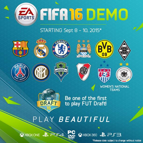 EASPORTSFC's tweet photo. #FIFA16Demo will be out today on Xbox. When it's available we'll let you know! Already available on some PS stores. http://t.co/IcP8a7mrRg