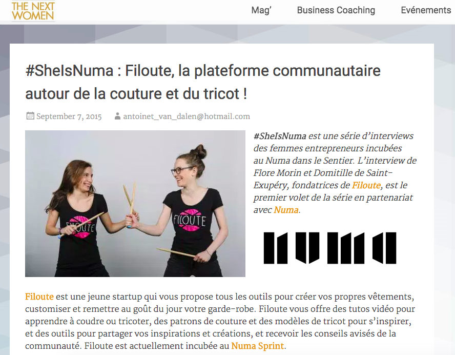 filoute_com's tweet photo. ✨ youhou, ça parle #entrepreneuriat, #tricot &amp; #girlpower sur @thenextwomen : http://t.co/EmPGme9iqk #numasprint http://t.co/UtQnWUb2a9