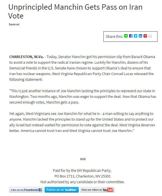 MakeitRIGHTWV's tweet photo. BREAKING: Unprincipled Manchin Gets Pass on Iran Vote From Ally Obama. #WVpol http://t.co/Pz268IIruZ http://t.co/vWkYbcuCSD