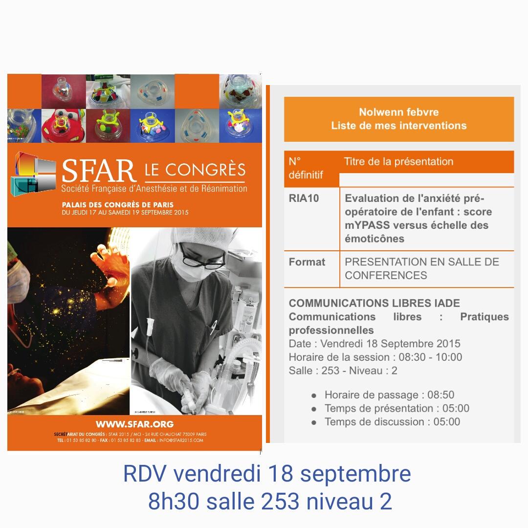 PDoudous's tweet photo. Rdv demain 8h30 :
Évaluation #anxiété pré-operatoire chez #enfant
Rdv #SFAR2015 @SFAR_ORG @RESEAUCHU @CHURennes http://t.co/eJfG0sFaZq