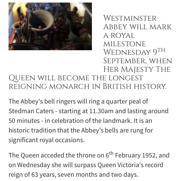 Bells at @waabbey will ring tomorrow at 11:30 to mark QEII Longest Reigning Monarch westminster-abbey.org/press/news/201…
