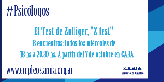AMIAempleos's tweet image. #Psicólogos #Ztest Taller: Test de #Zulliger. ¡No te lo pierdas! Inscribite: bit.ly/1KYLaT4. RT
