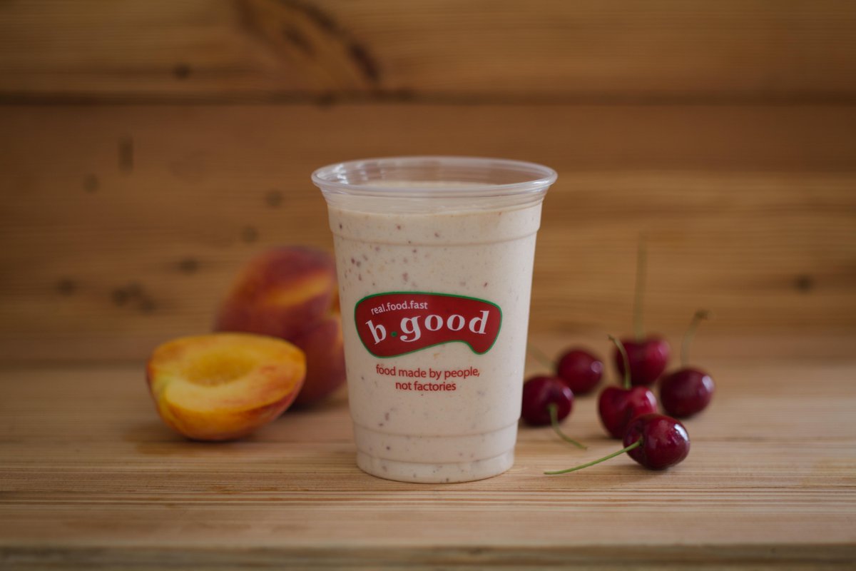 bgoodcanada's tweet image. New seasonal smoothie - Local Peach &amp;amp; Cherry!  Here for a few weeks so get in to b.good! #backtoschool #realfoodfast