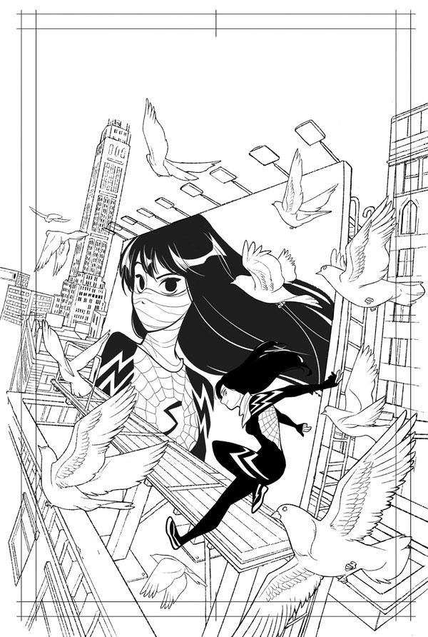 「Silk#7」のカバープロセス。ラフ→インク→カラー。この時は時間が無くてペンシルすっとばして、ラフからインクに進みました。シルクは女性版スパイダーマンという設定のマーベルキャラクターです。 