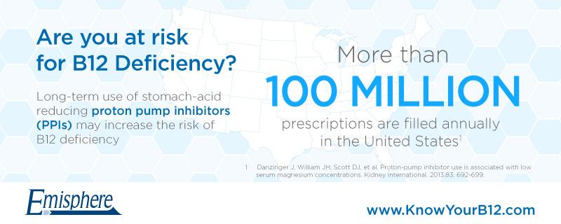 EmispherePharma's tweet photo. #DidYouKnow that people taking PPIs to reduce stomach acid are at increased risk of B12 deficiency? #KnowYourB12 http://t.co/sQ3Ojr9PGT