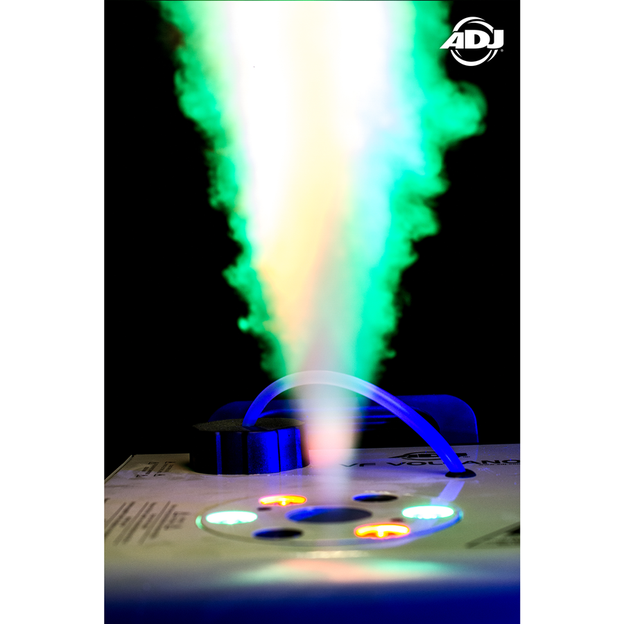 The #ADJ VFVolcano is a #compact vertical #FogMachine that mixes color into the #fog from 6x 3-Watt #RGB #LEDs