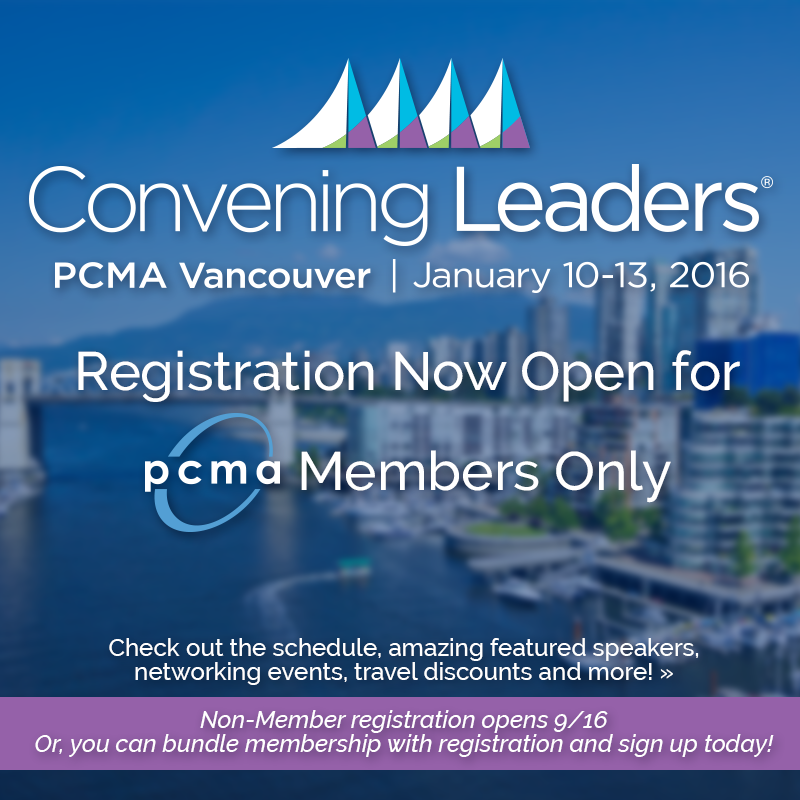 pcmahq's tweet photo. Registration for #pcmacl is now open for PCMA members! Register here>> http://t.co/F1GBXxxaGd #eventprofs http://t.co/vfIuC5AMa4