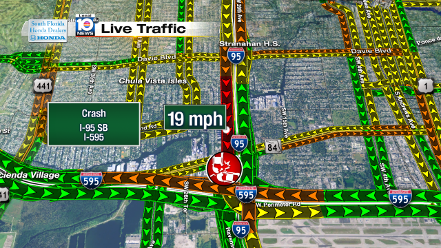 Crash on I-95 SB at I-595. Speeds at 19mph #traffic #broward @JeniseFernandez http://t.co/ybkymNkATd