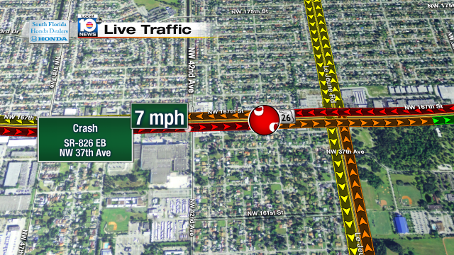 Crash on 826 EB at NW 37th Ave. Speeds at 7mph #traffic #miami @JeniseFernandez http://t.co/bwZUPOWarx