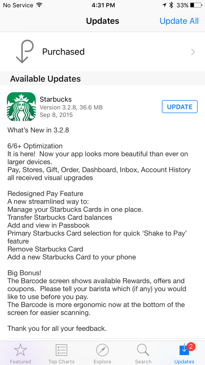 alw's tweet image. Starbucks app updated for iPhone 6 and 6 Plus, nearly one year after they launched.
