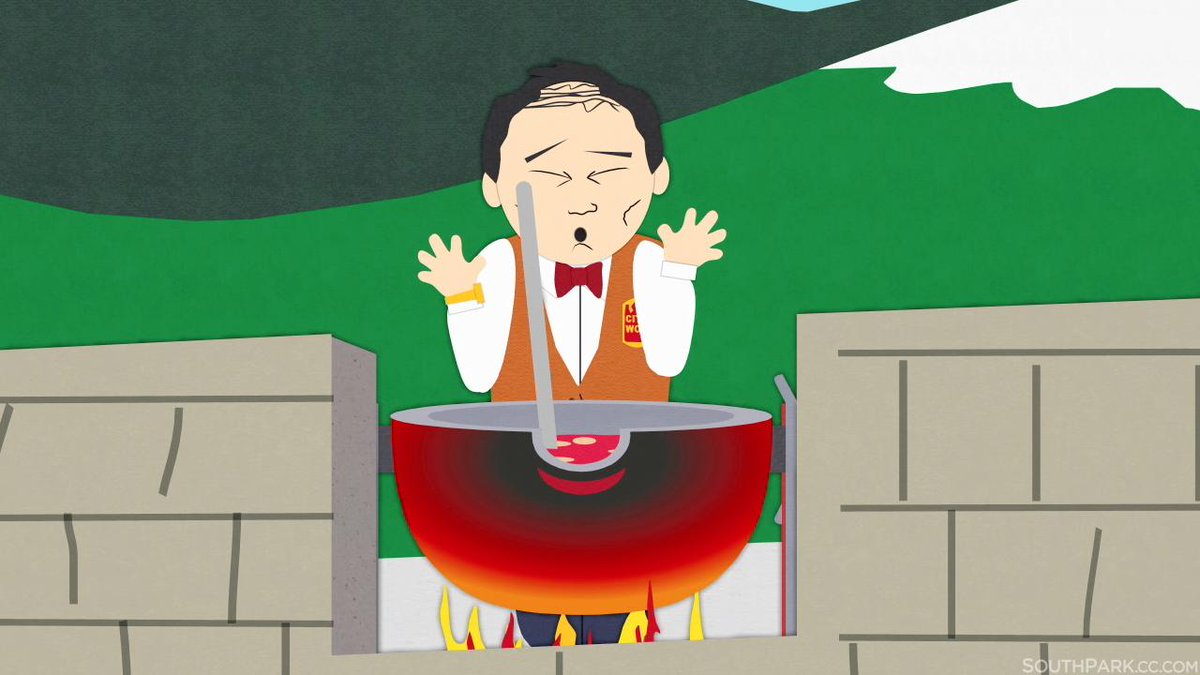 SouthPark's tweet photo. “Sweet and sour pork so hot and sticky, Mongolians will stick RIGHT TO THE WALL and scream a WOOOOOO!!!!” http://t.co/603ry8kNvk