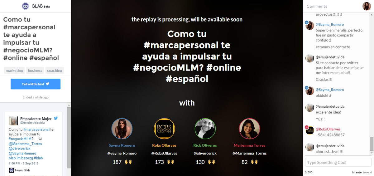 SaymaRomero's tweet photo. Increíble sesión de Blab, y todo lo que podemos lograr en equipo y colaborando para ha... http://t.co/IDFCbOg7cJ http://t.co/52EFKQ3oZX