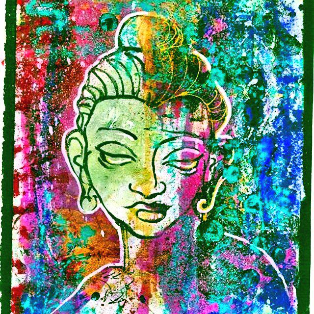 kankreate's tweet photo. #abstractart #buddha #linoprint #thirdeyevision #chinagirl #mixedmedia #artbyricksalas #expectmiracles http://t.co/VkNcIlScjz
