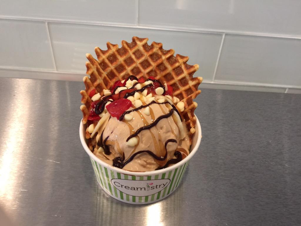 TODAYS TOP PICK:

Espresso ice cream•fudge &amp; Carmel drizzle•fresh strawberry•white chocolate chips•waffle cone