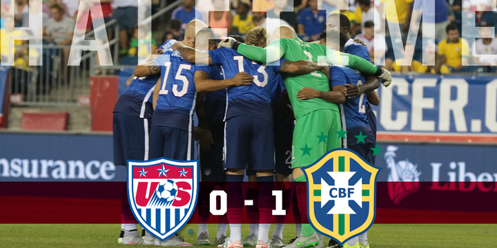 USMNT's tweet photo. And that's halftime. Hulk's 9th minute goal has Brazil up 1-0 on the #USMNT. #USAvBRA http://t.co/CqFXJEY3Xu
