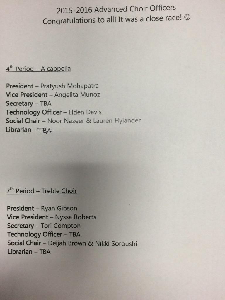 RennerMSChoir's tweet photo. Here are your 2015-2016 7th &amp; 8th Grade Choir Officers! Congratulations to all of you! http://t.co/cgZazXZ4GI
