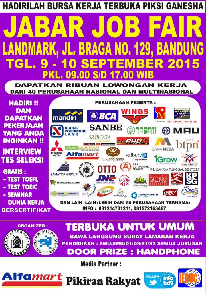 Bayar brp min?"<a href="/LokerBdg/">Lowongan Kerja Bdg</a>: Jabar Job Fair, 9 - 10 September, 09.00 s/d 17.00 WIB, di Landmark, Jl. Braga No 129. "
