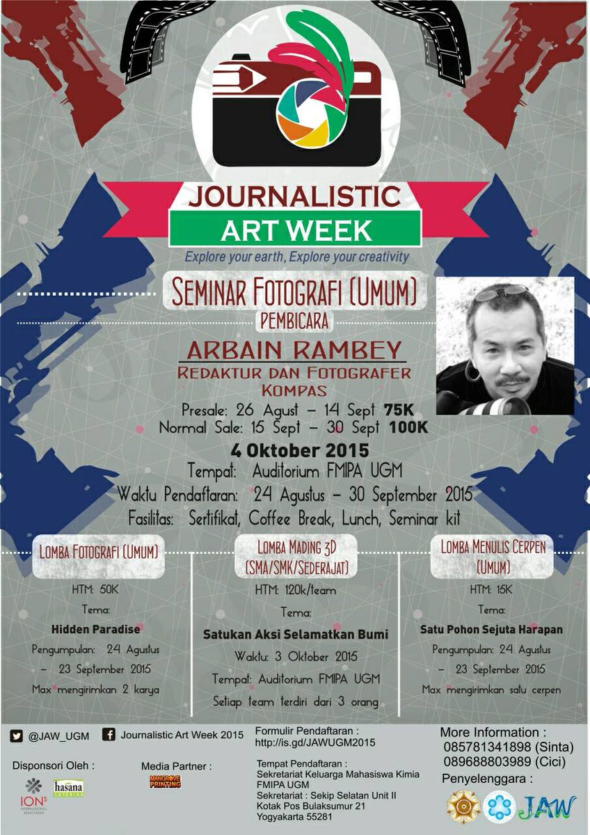 Jogjastudent's tweet photo. #EventYk @JAW_UGM
Seminar Fotografi, Lomba Cerpen, Lomba Mading 3D (SMA), Lomba Fotografi 3-4 Okt 2015 di FMIPA UGM http://t.co/FrKCR5EhjA