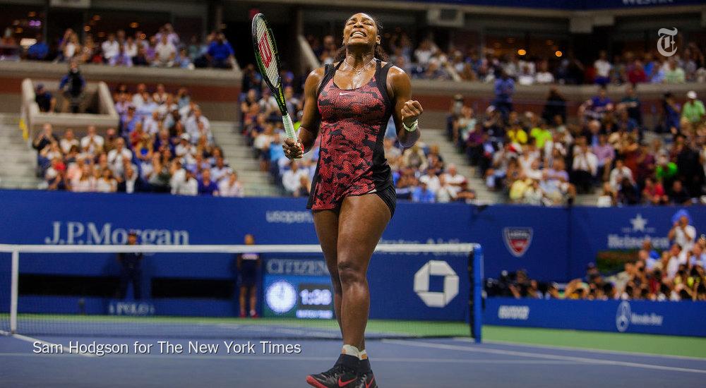 nytimes's tweet photo. Serena Williams after defeating her sister Venus in the quarterfinals at the US Open http://t.co/QDsc8iHjmK http://t.co/AOh85CN725