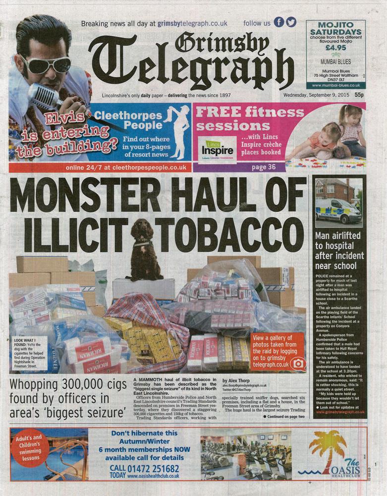 @NELCouncil Trading Standards monster haul of #illegaltobacco makes front page news. @ctsi_uk @YorksHumberTSI #BWYK9