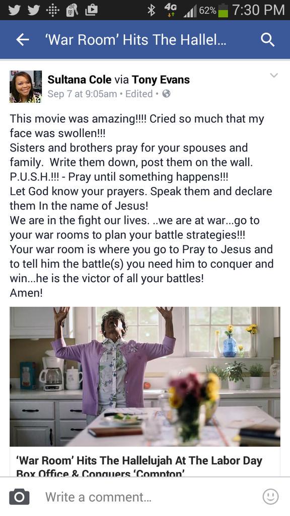sultanacole's tweet photo. Go see 'War Room'!!! http://t.co/uXNm25fOGo
