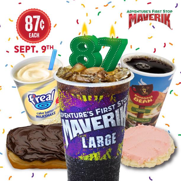 Maverik's tweet image. Come celebrate with us! 
WHERE: All Maverik locations!
WHEN: Wed. Sept. 9th ONLY
WHAT: Amazing $.87 Deals all day.
