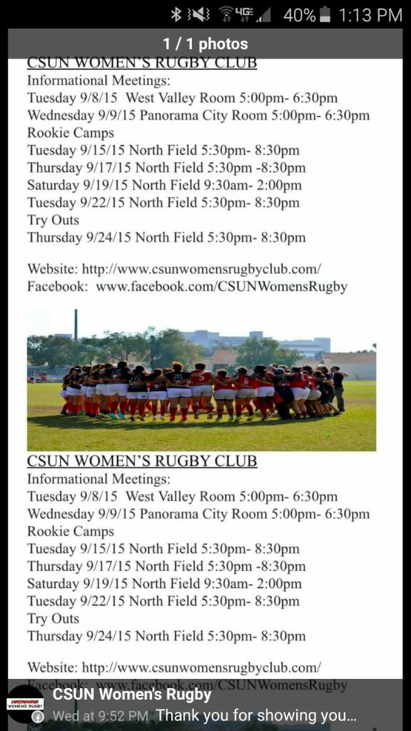 CSUNWomensRugby's tweet photo. If interested in playing rugby come to our Informational  tomorrow 9/9/15 in the Panorama City Room 5:00pm-6:30pm. http://t.co/GJ7BC8Vvce