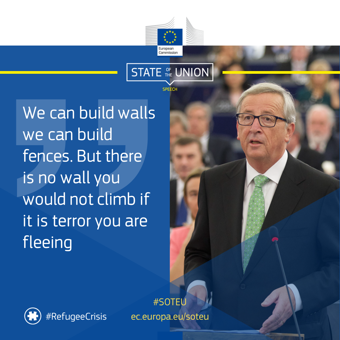 .<a href="/JunckerEU/">Jean-Claude Juncker</a> calls on all EU countries to adopt #migrationEU proposals to relocate 160,000 asylum seekers #SOTEU