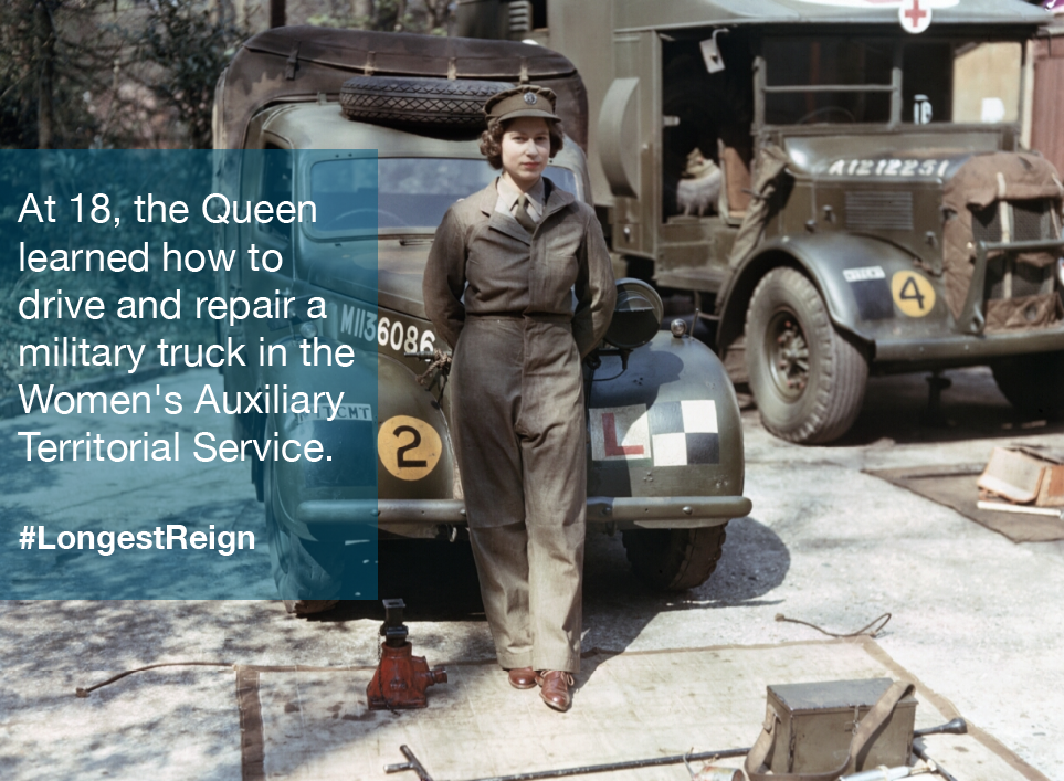 DefenceHQ's tweet photo. The Queen served in the Auxiliary Territorial Service alongside Winston Churchill's daughter. #LongestReign http://t.co/ZFbkzKt5GA