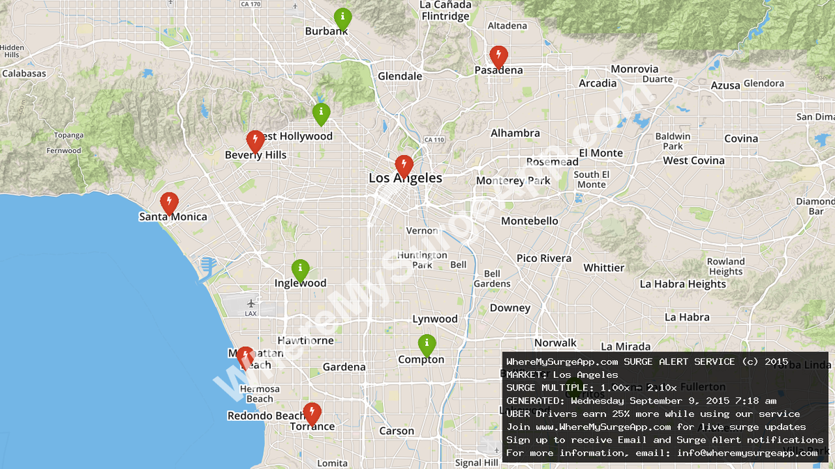 WhereMySurgeApp's tweet photo. #UberDrivers in Los Angeles - get that surge money! #ridesharing #Uber_LA #LosAngeles http://t.co/9vUvpwrqm5