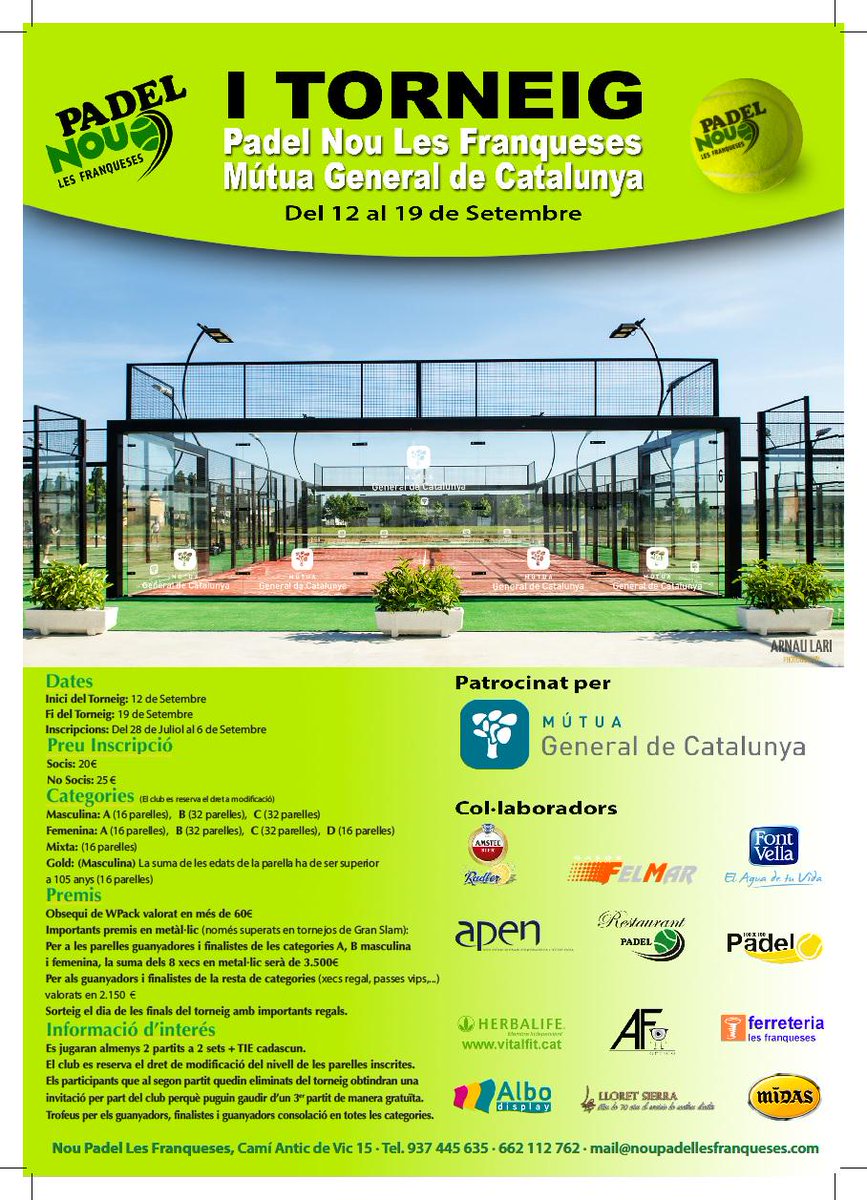 QUADRES I TORNEIG NOU PADEL LES FRANQUESES - MUTUA GENERAL DE CATALUNYA noupadellesfranqueses.com/Noticia.aspx…
Molta sort!
