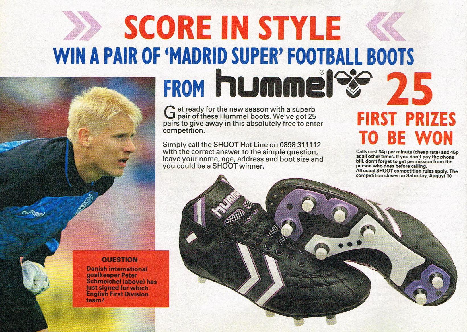Scottish Footy Cards on Twitter: "Score in Win a pair of 'Madrid Super' football from #Hummel #PeterSchmeichel #Denmark #Shoot! 1991-08-03 http://t.co/GiuaksBzKB" Twitter
