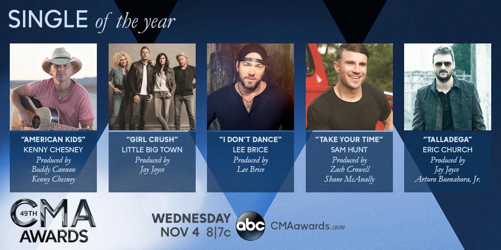 CMA Country Music (@countrymusic) on Twitter photo #CMAawards noms for SINGLE of the Year from <a href="/kennychesney/">Kenny Chesney</a>, <a href="/littlebigtown/">Little Big Town</a>, <a href="/leebrice/">Lee Brice</a>, <a href="/samhuntmusic/">Sam Hunt</a> & <a href="/ericchurch/">Eric Church</a> #CMAawards noms for SINGLE of the Year from <a href="/kennychesney/">Kenny Chesney</a>, <a href="/littlebigtown/">Little Big Town</a>, <a href="/leebrice/">Lee Brice</a>, <a href="/samhuntmusic/">Sam Hunt</a> & <a href="/ericchurch/">Eric Church</a>